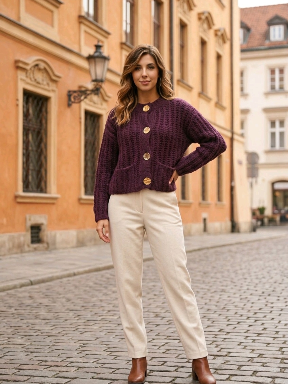 Chunky Knit Cardigan with Gold Buttons - Wine - Picture 8 of 9